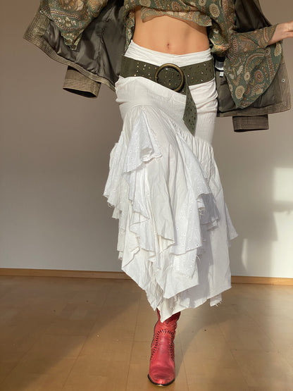 Traumhafter französischer Vintage Maxirock Zipfel Spitze Layering ruffled, S,M