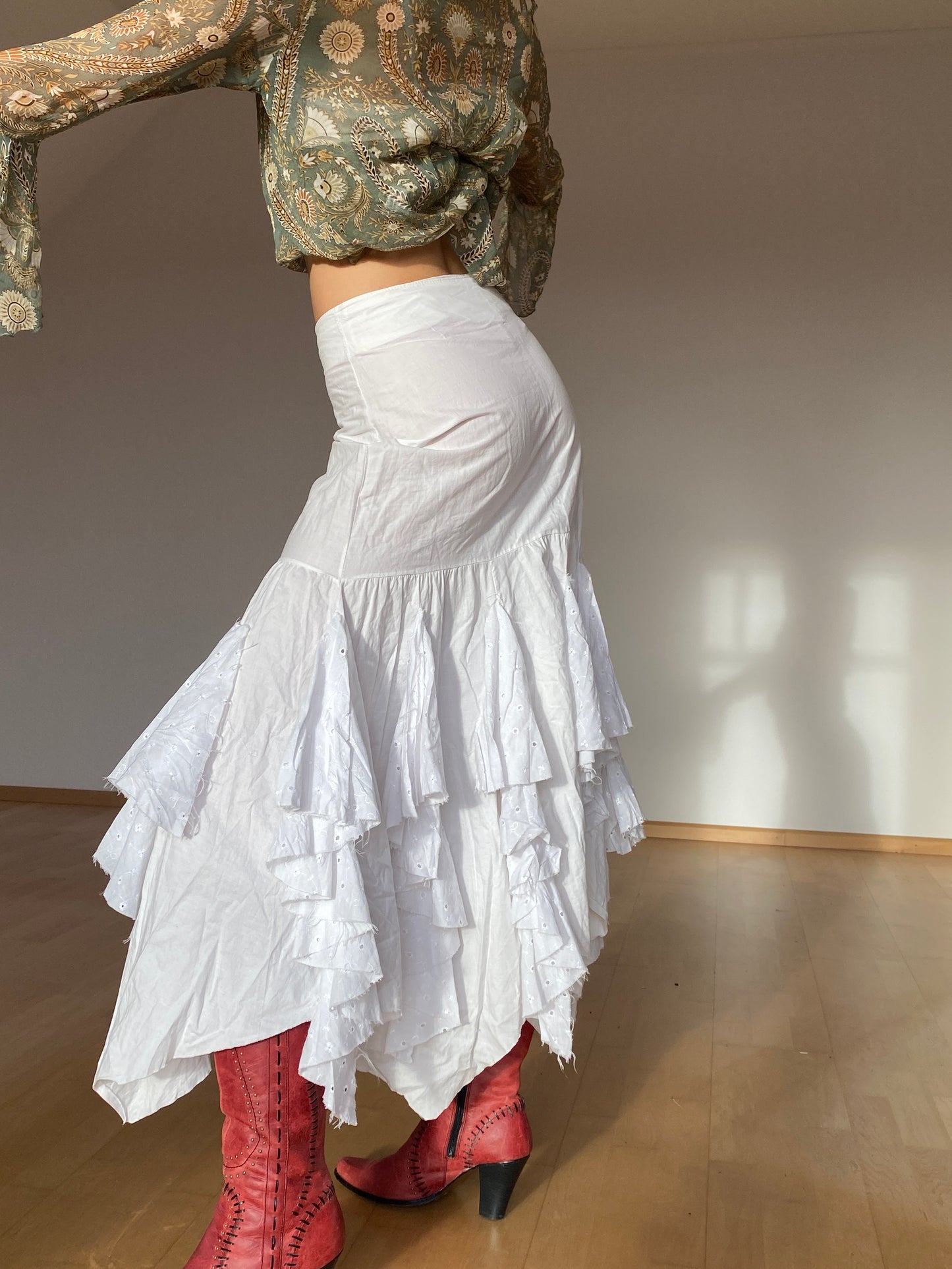 Traumhafter französischer Vintage Maxirock Zipfel Spitze Layering ruffled, S,M