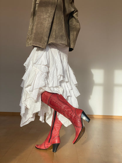 Traumhafter französischer Vintage Maxirock Zipfel Spitze Layering ruffled, S,M