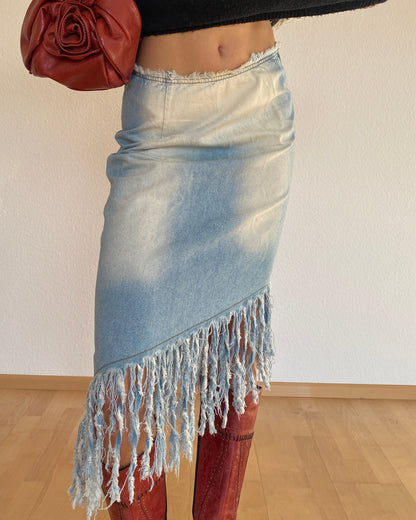 Asymmetrischer Jeansrock Midi mit Fransen, Langnese Collection Retro, S