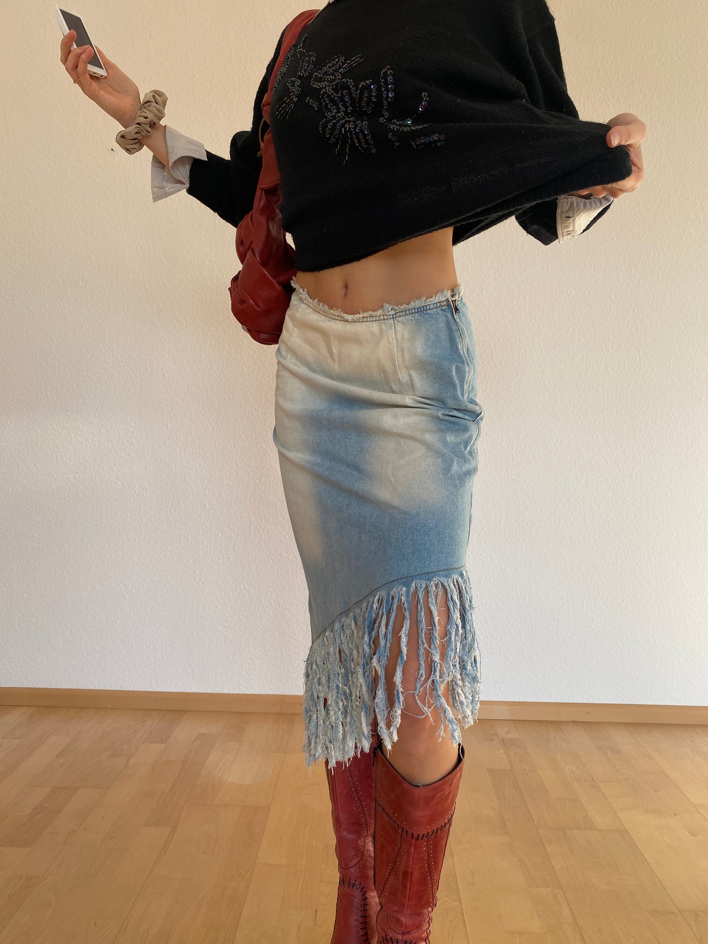 Asymmetrischer Jeansrock Midi mit Fransen, Langnese Collection Retro, S