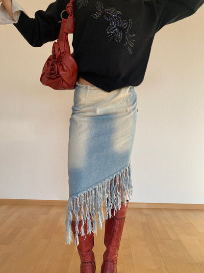 Asymmetrischer Jeansrock Midi mit Fransen, Langnese Collection Retro, S