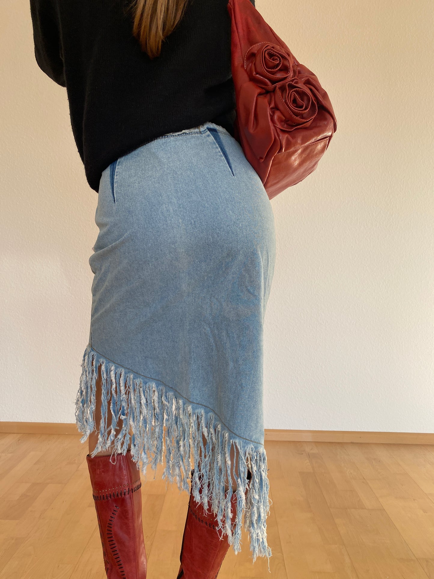 Asymmetrischer Jeansrock Midi mit Fransen, Langnese Collection Retro, S