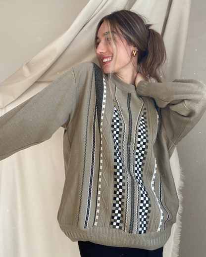 Khaki Vintage-Pullover mit lockerer Passform – Rippstrick an Bund & Kragen – Y2K Style – Second-Hand Einzelstück Einheistgröße
