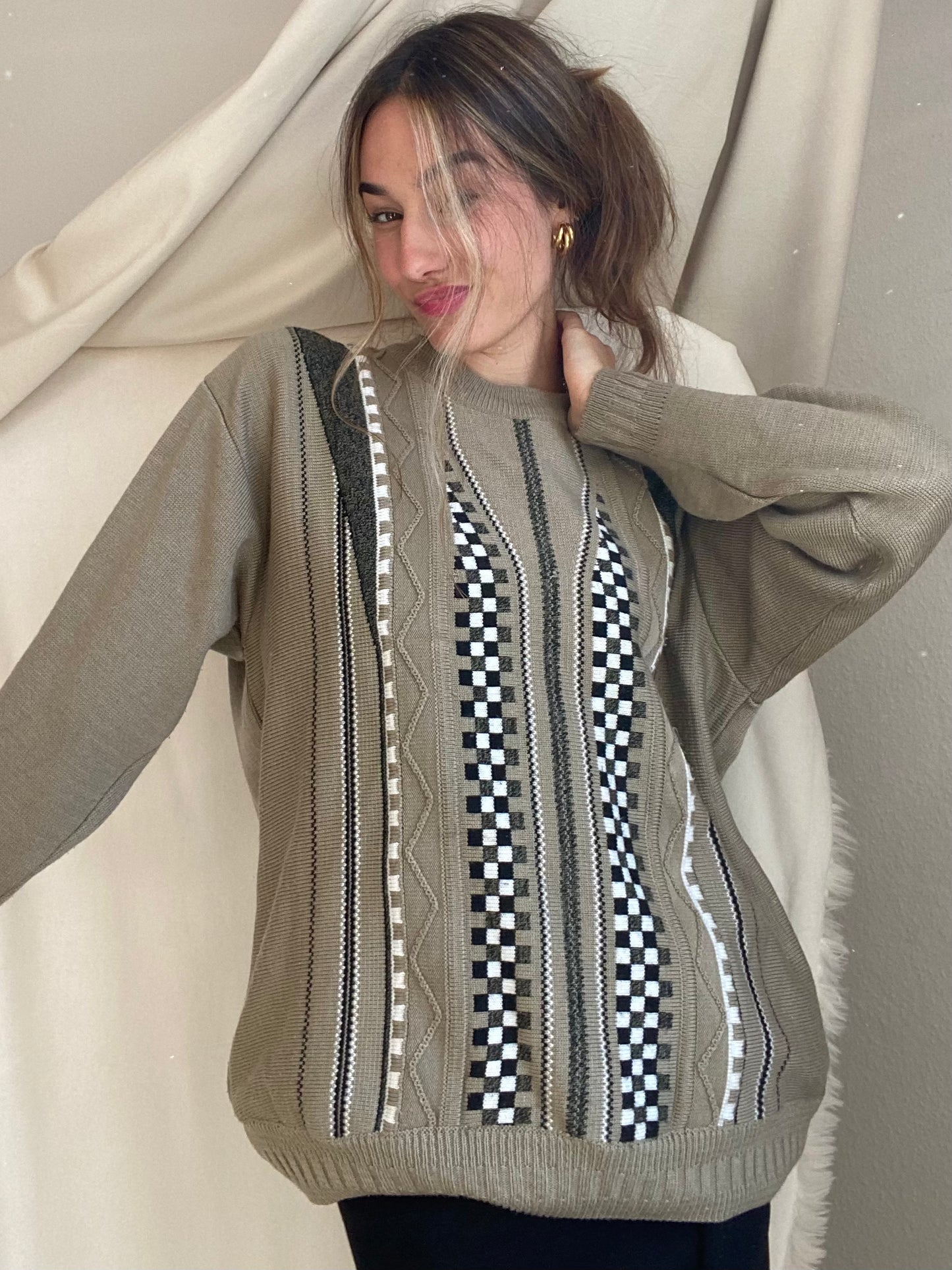 Vintage-Strickpullover in khaki olivgrün, oversize S,M,L