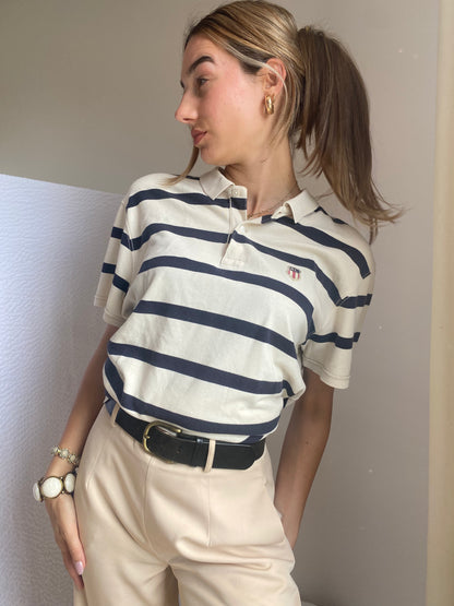 Ralph Lauren MFG. Vintage-Poloshirt in beige/blau gestreift, oversize