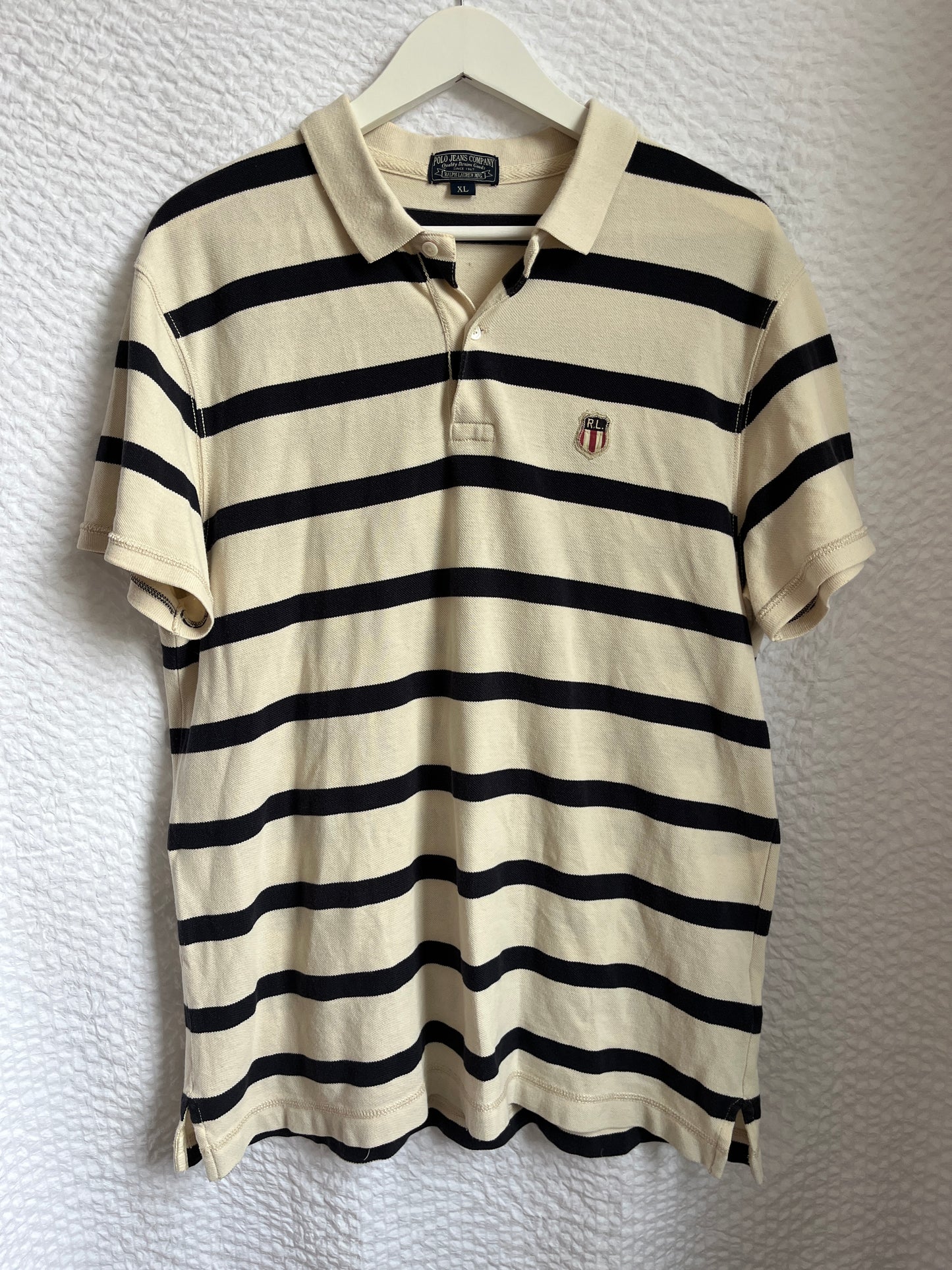 Ralph Lauren MFG. Vintage-Poloshirt in beige/blau gestreift, oversize