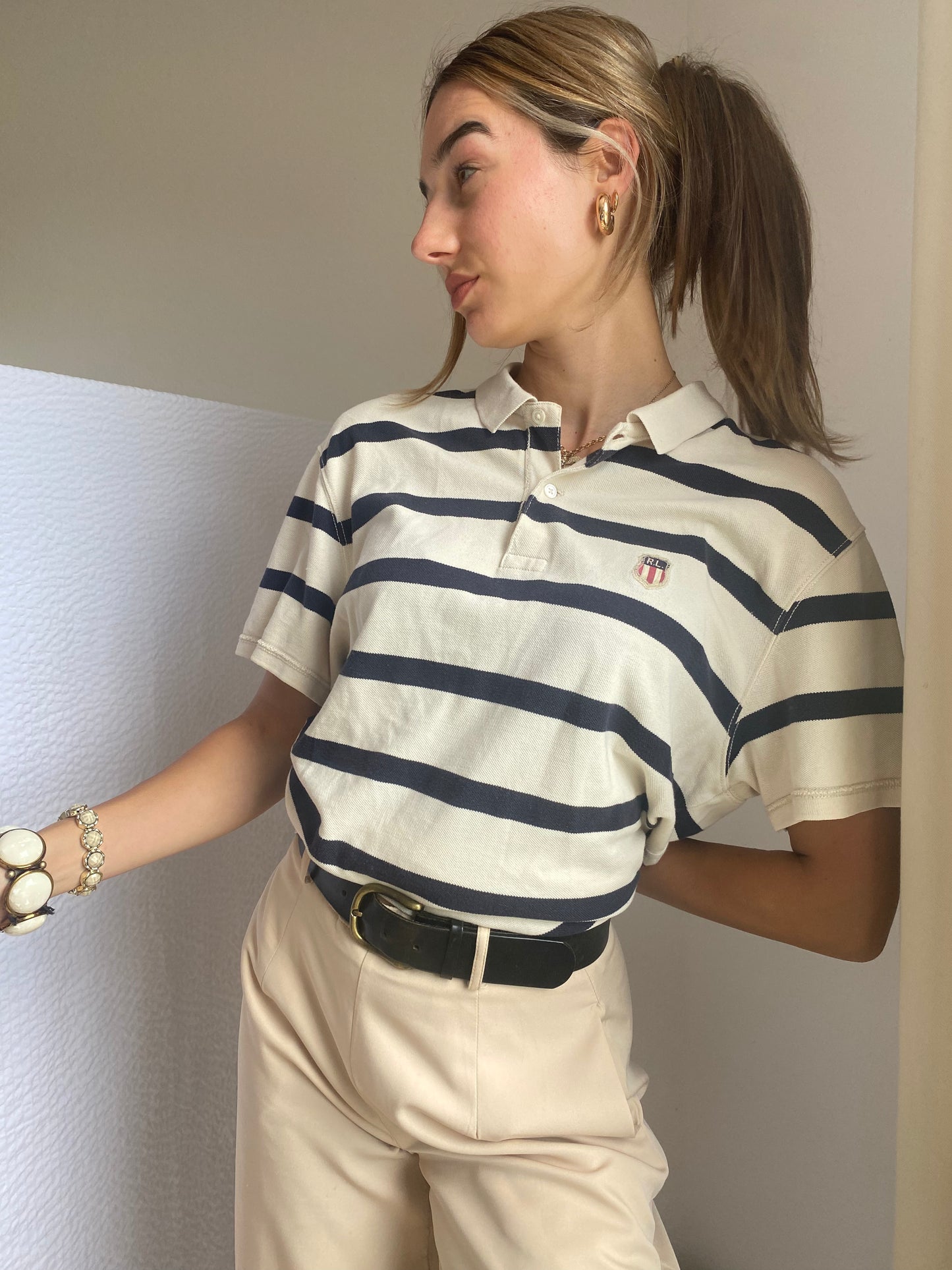 Ralph Lauren MFG. Vintage-Poloshirt in beige/blau gestreift, oversize