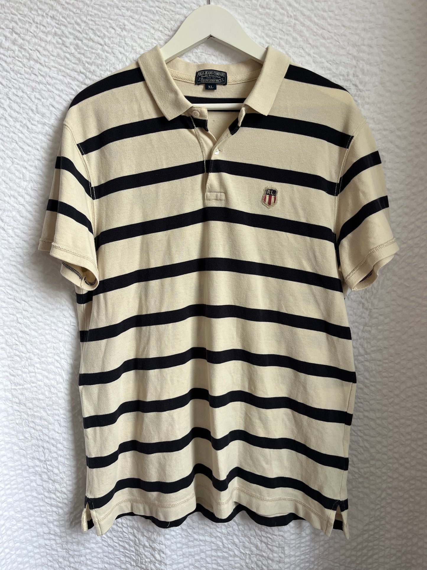 Ralph Lauren MFG. Vintage-Poloshirt in beige/blau gestreift, oversize