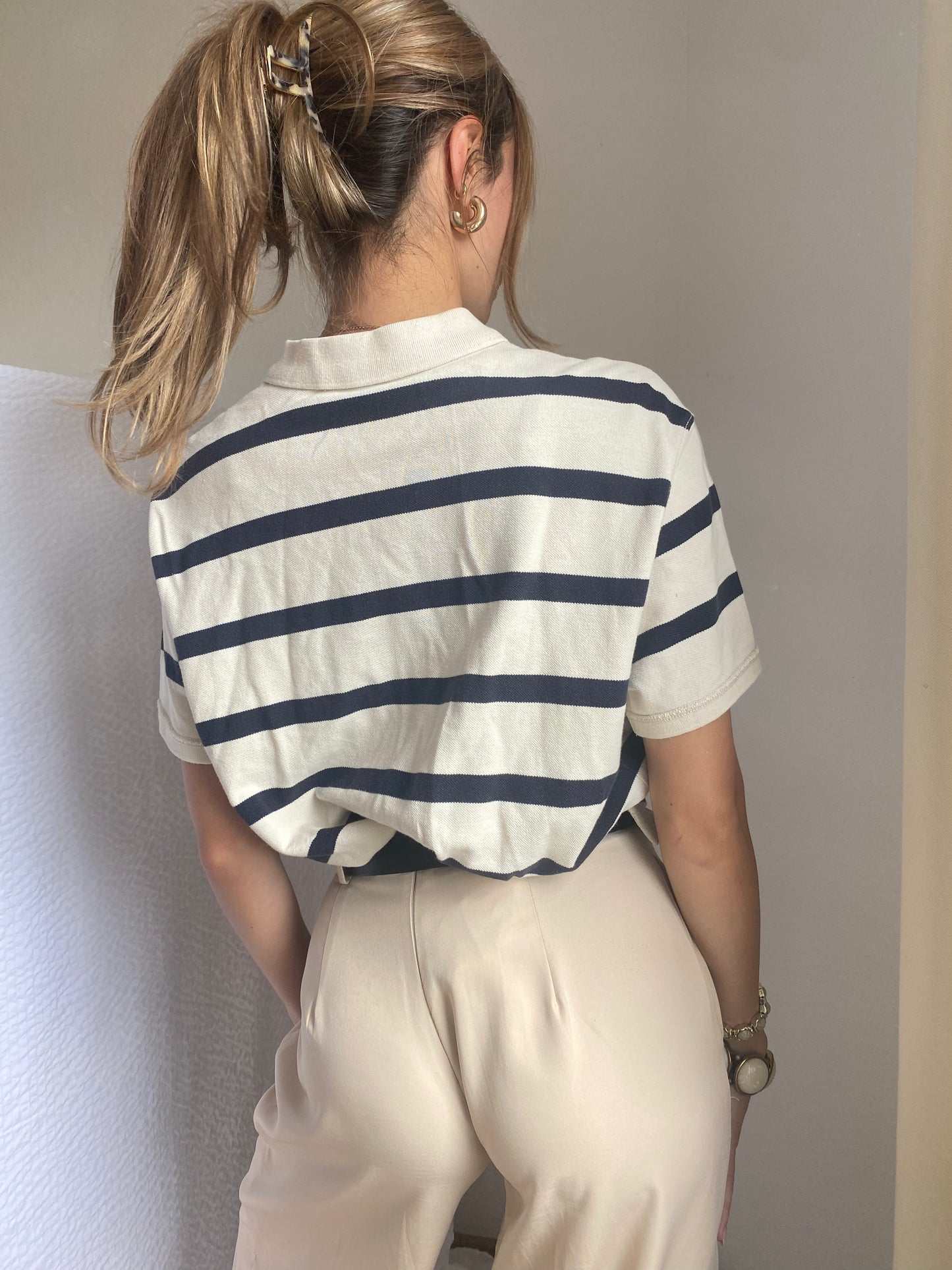 Ralph Lauren MFG. Vintage-Poloshirt in beige/blau gestreift, oversize