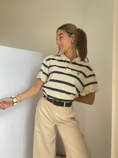 Ralph Lauren MFG. Vintage-Poloshirt in beige/blau gestreift, oversize