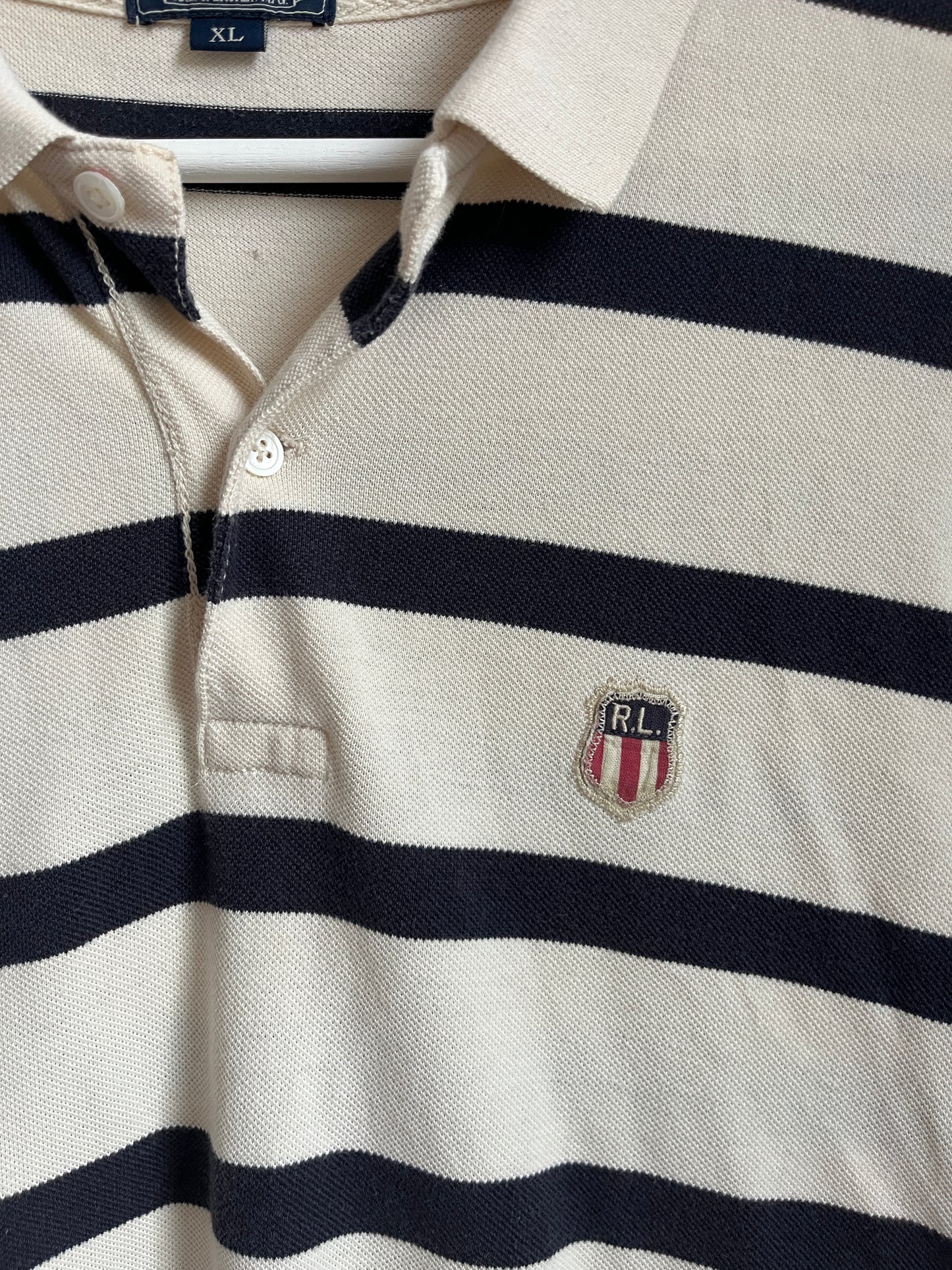 Ralph Lauren MFG. Vintage-Poloshirt in beige/blau gestreift, oversize