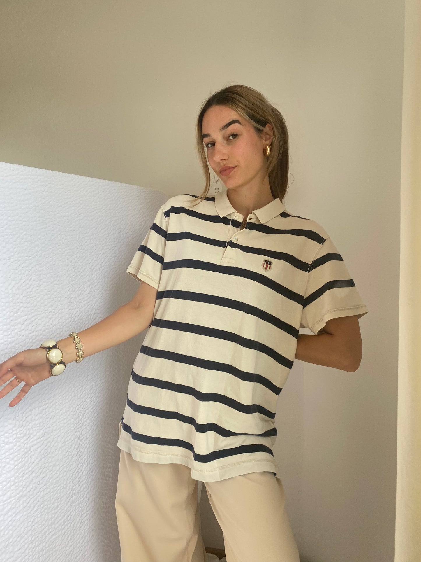 Ralph Lauren MFG. Vintage-Poloshirt in beige/blau gestreift, oversize