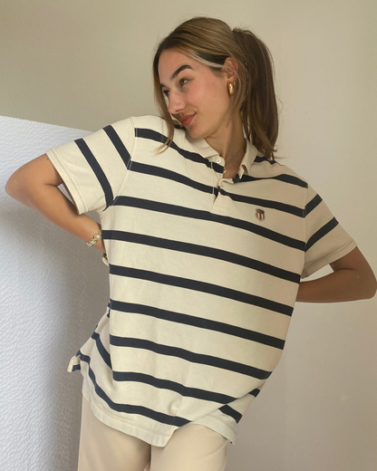 Ralph Lauren MFG. Vintage-Poloshirt in beige/blau gestreift, oversize