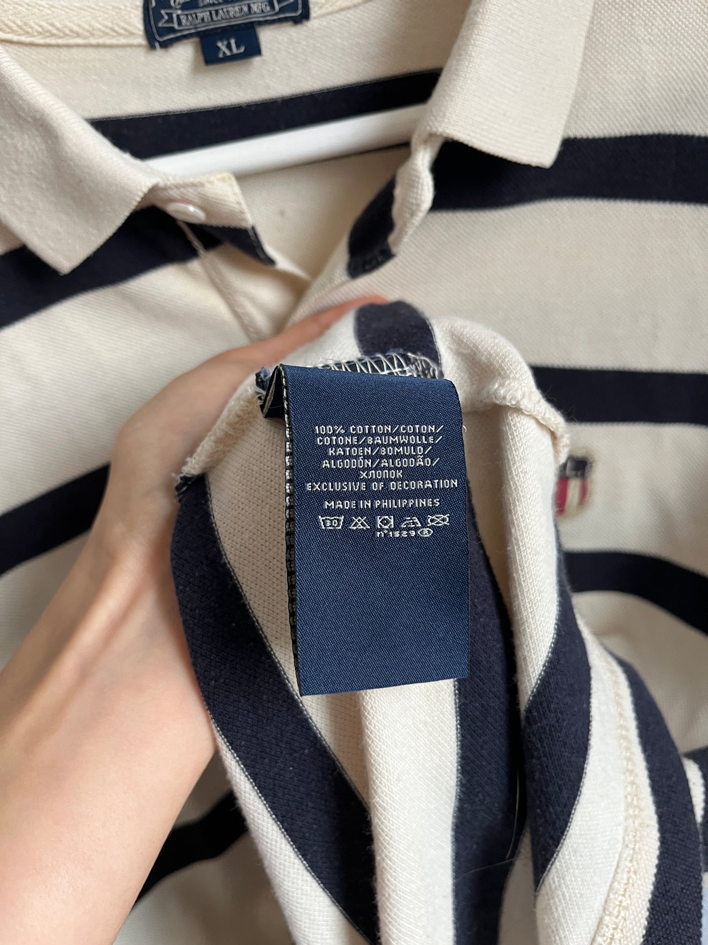 Ralph Lauren MFG. Vintage-Poloshirt in beige/blau gestreift, oversize