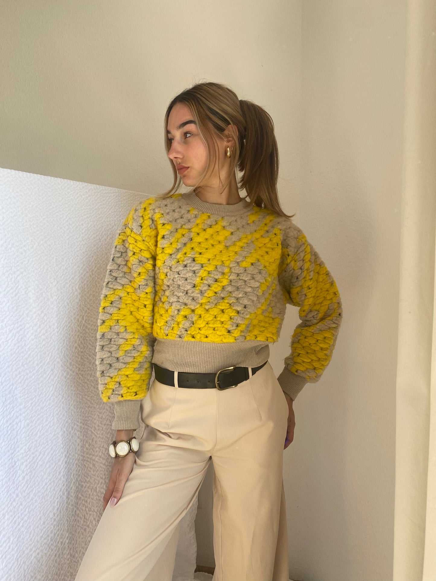 Sfera Chunky Knit Wollpullover Grobstrick, gelb-beige, S