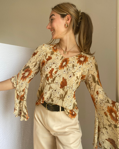 Crinkle Fairy Retro Tunika Bluse in Erdtönen mit Trompetenarm, S -M