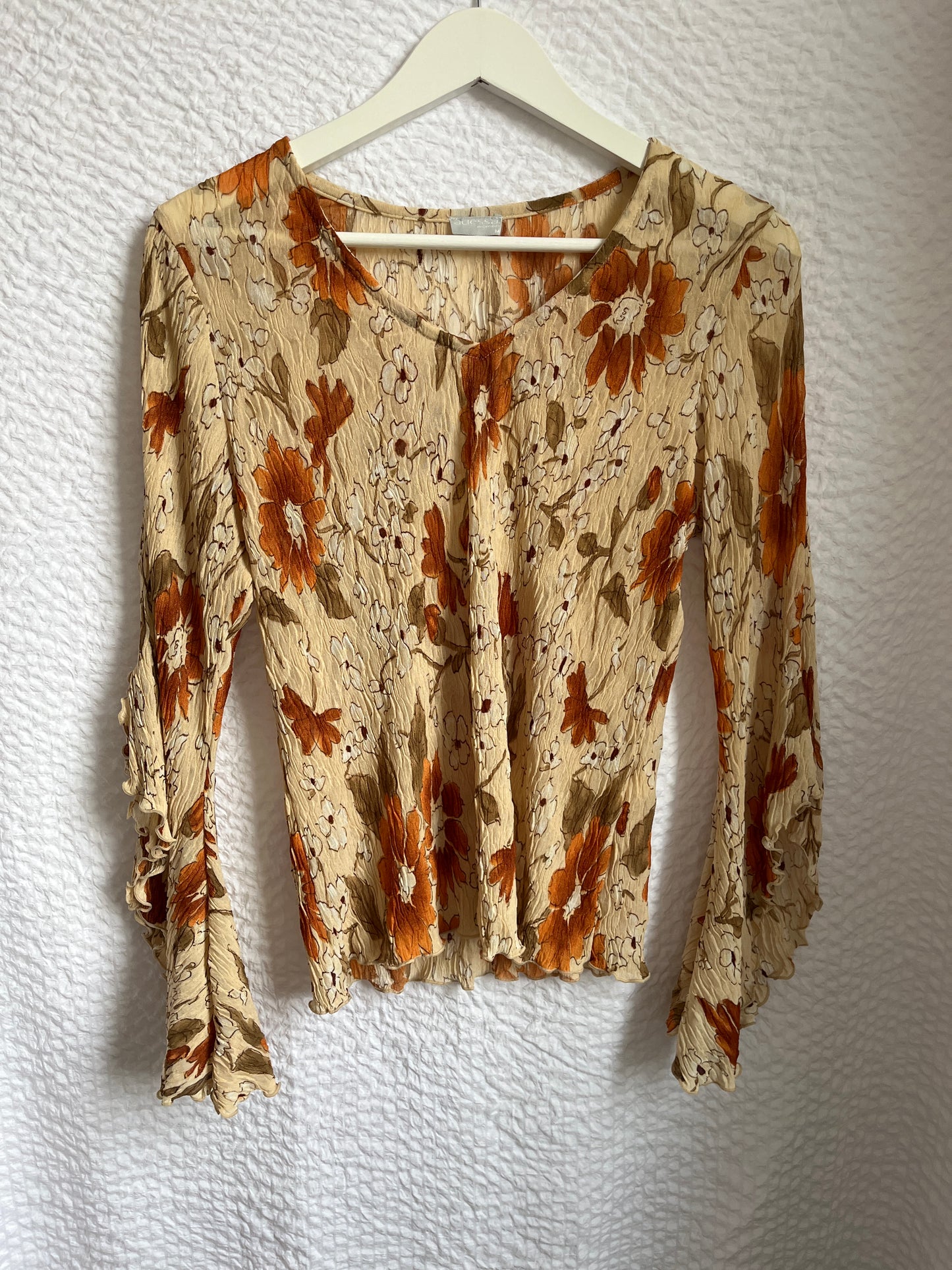 Crinkle Fairy Retro Tunika Bluse in Erdtönen mit Trompetenarm, S -M