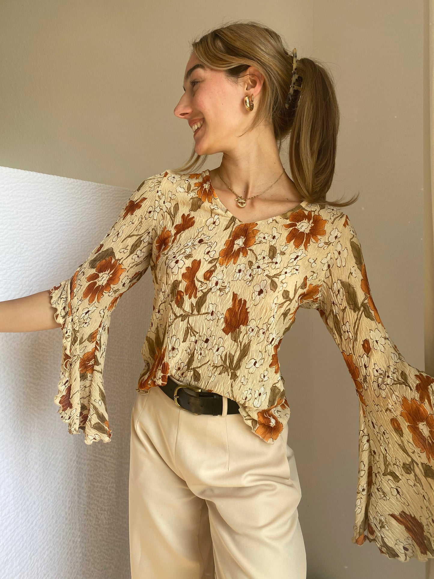 Crinkle Fairy Retro Tunika Bluse in Erdtönen mit Trompetenarm, S -M