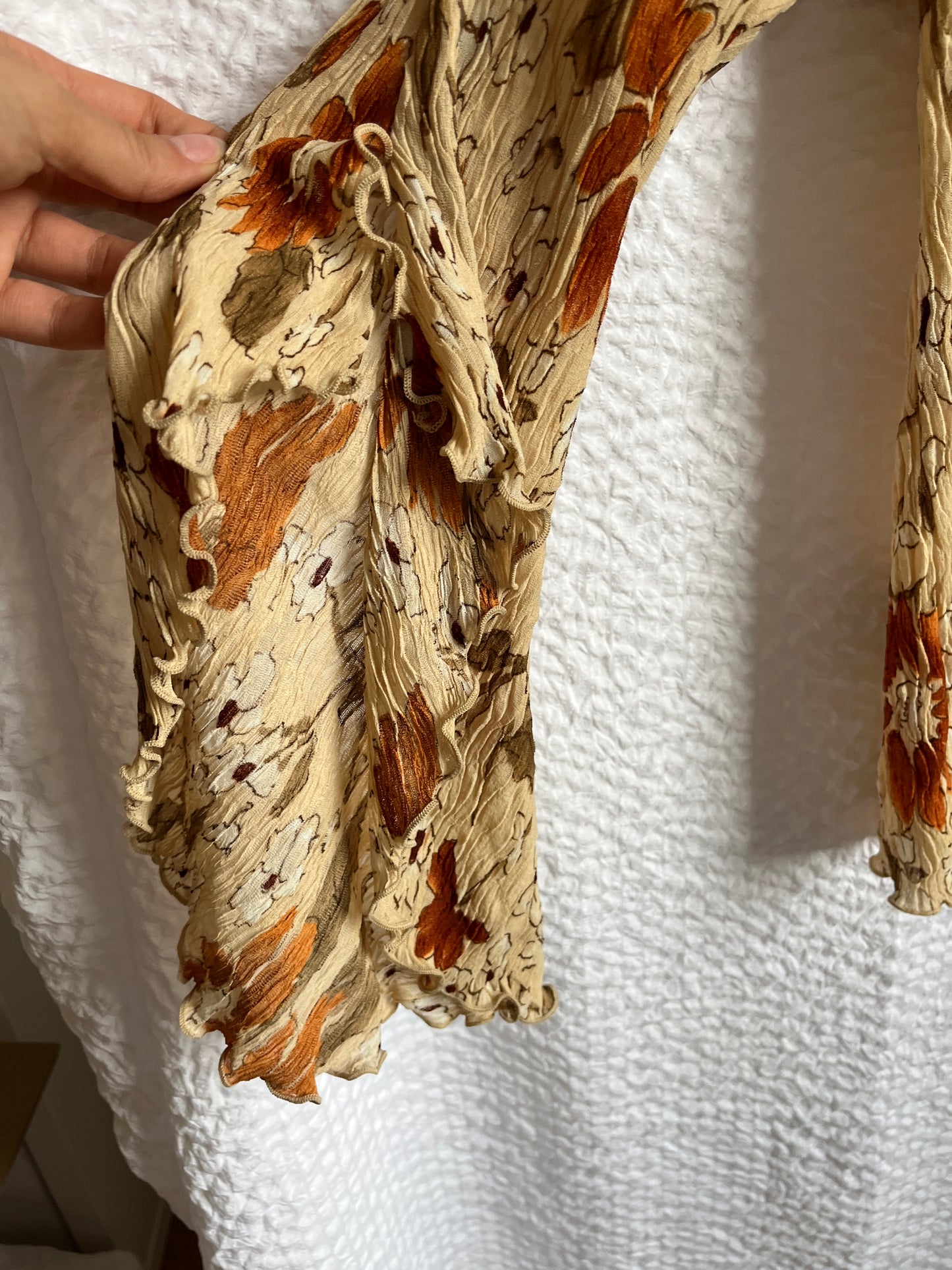 Crinkle Fairy Retro Tunika Bluse in Erdtönen mit Trompetenarm, S -M