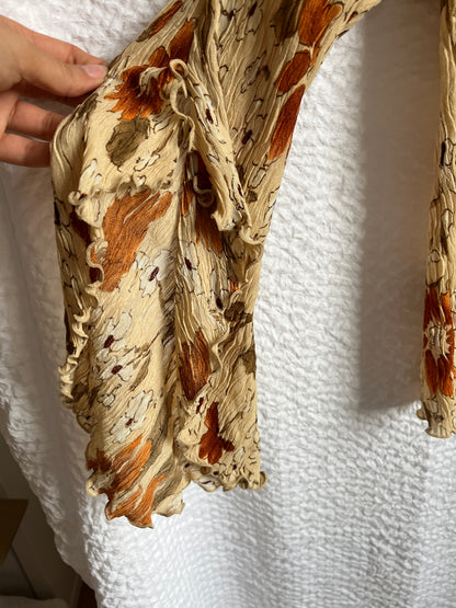 Crinkle Fairy Retro Tunika Bluse in Erdtönen mit Trompetenarm, S -M