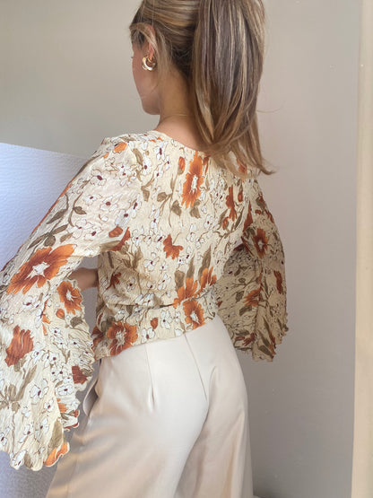 Crinkle Fairy Retro Tunika Bluse in Erdtönen mit Trompetenarm, S -M