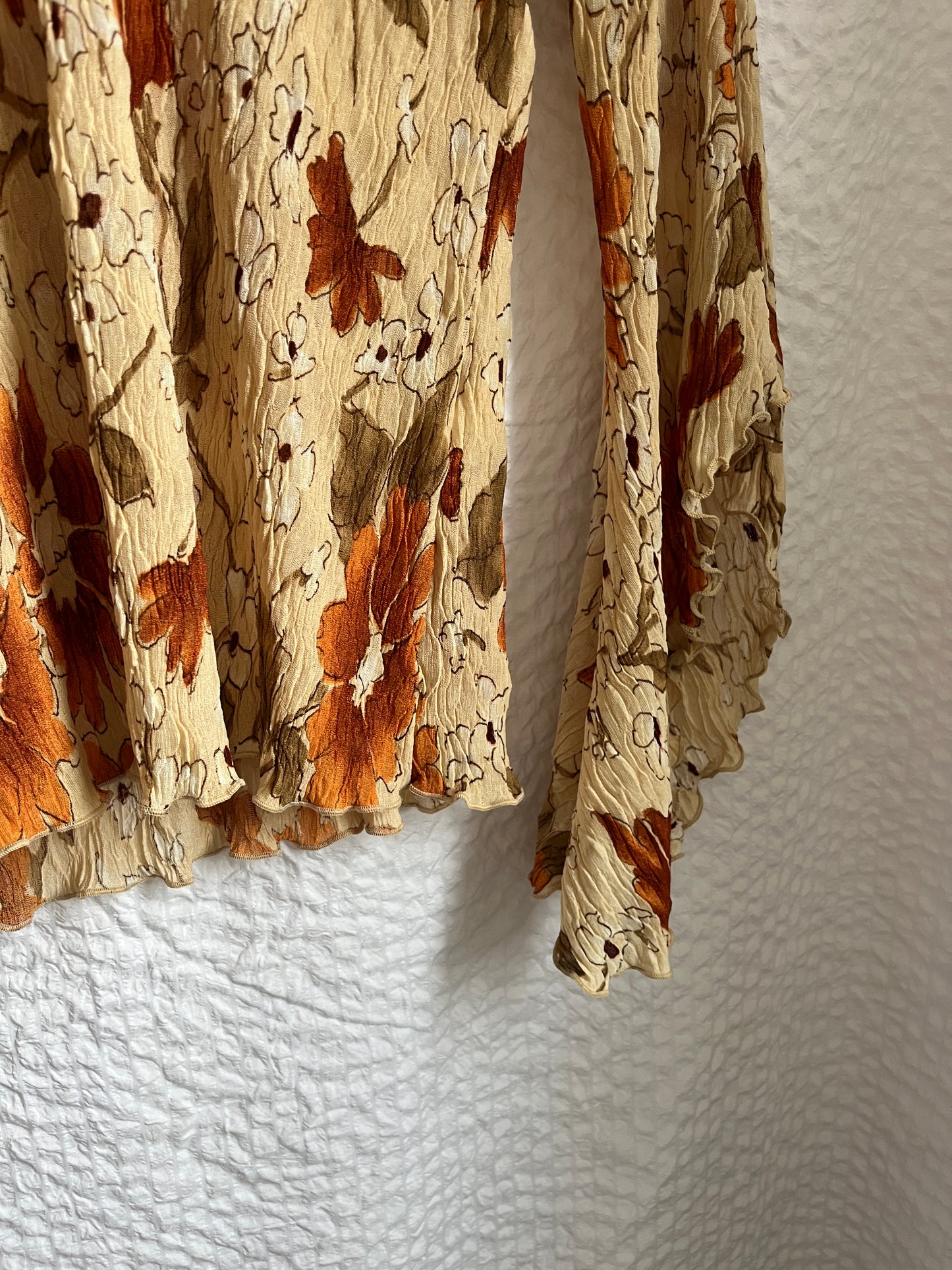 Crinkle Fairy Retro Tunika Bluse in Erdtönen mit Trompetenarm, S -M