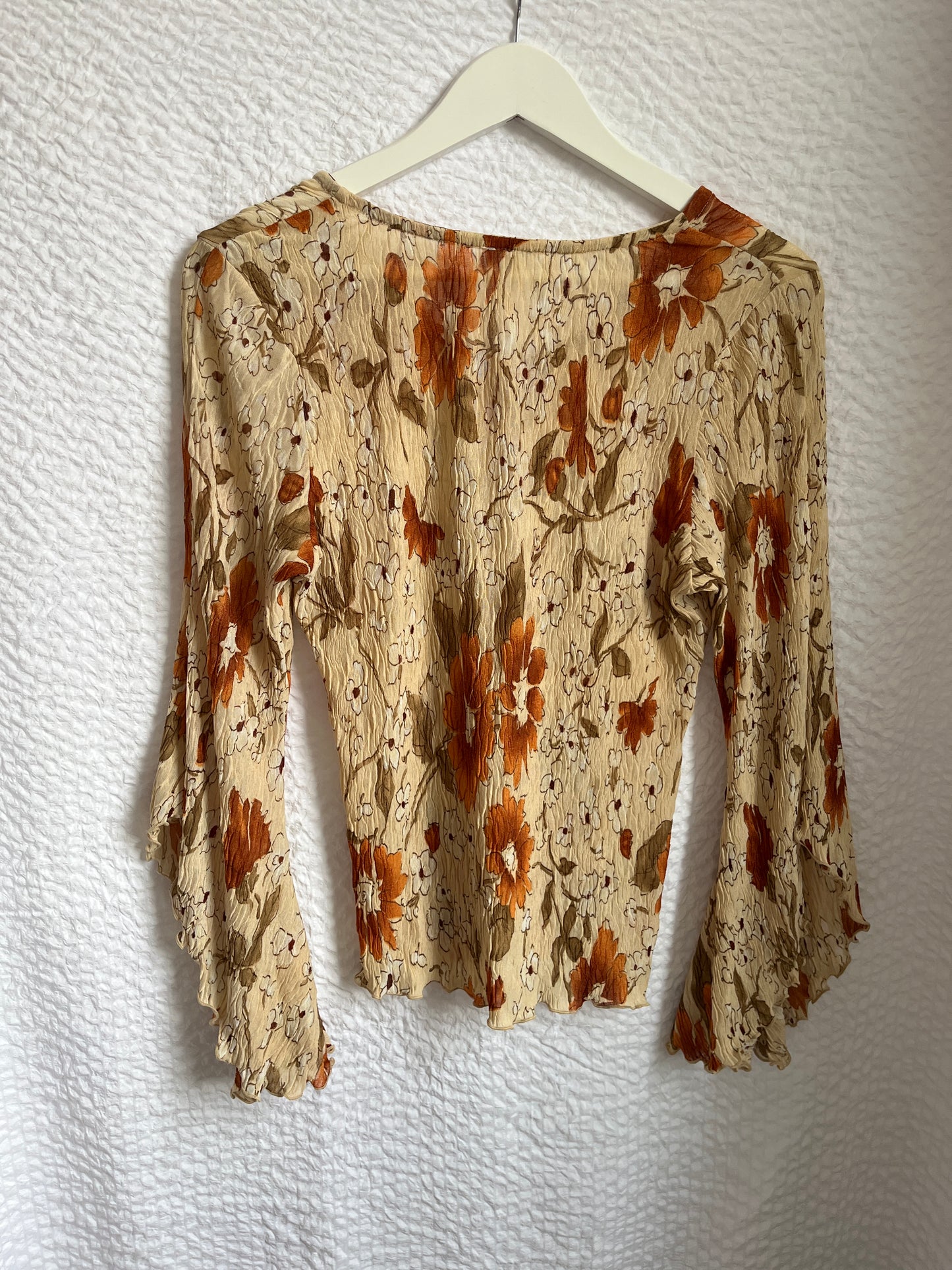 Crinkle Fairy Retro Tunika Bluse in Erdtönen mit Trompetenarm, S -M