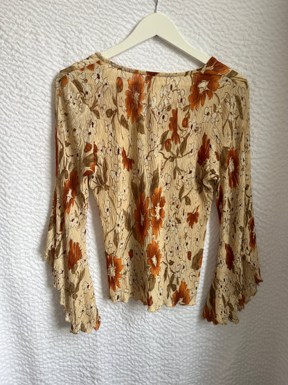 Crinkle Fairy Retro Tunika Bluse in Erdtönen mit Trompetenarm, S -M