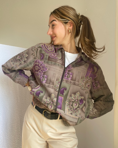 Rare Vintage Blouson Jacke, Alia, Paisley Muster in lila-khaki, S