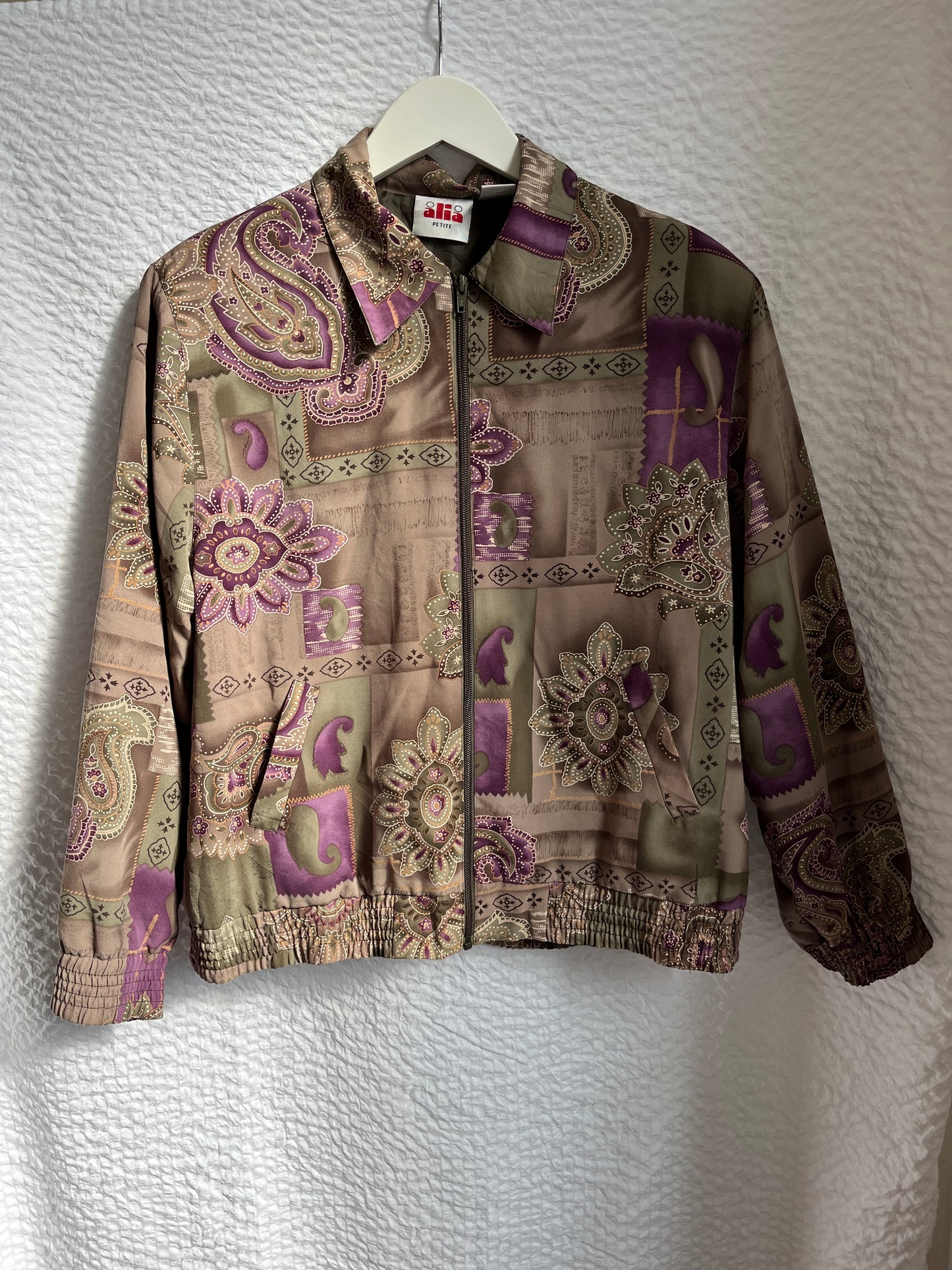 Rare Vintage Blouson Jacke, Alia, Paisley Muster in lila-khaki, S