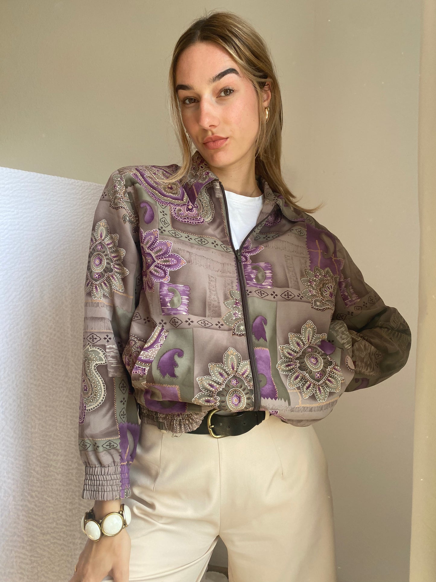 Rare Vintage Blouson Jacke, Alia, Paisley Muster in lila-khaki, S