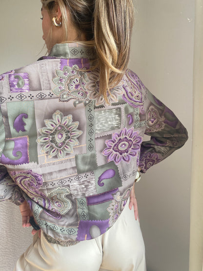 Rare Vintage Blouson Jacke, Alia, Paisley Muster in lila-khaki, S
