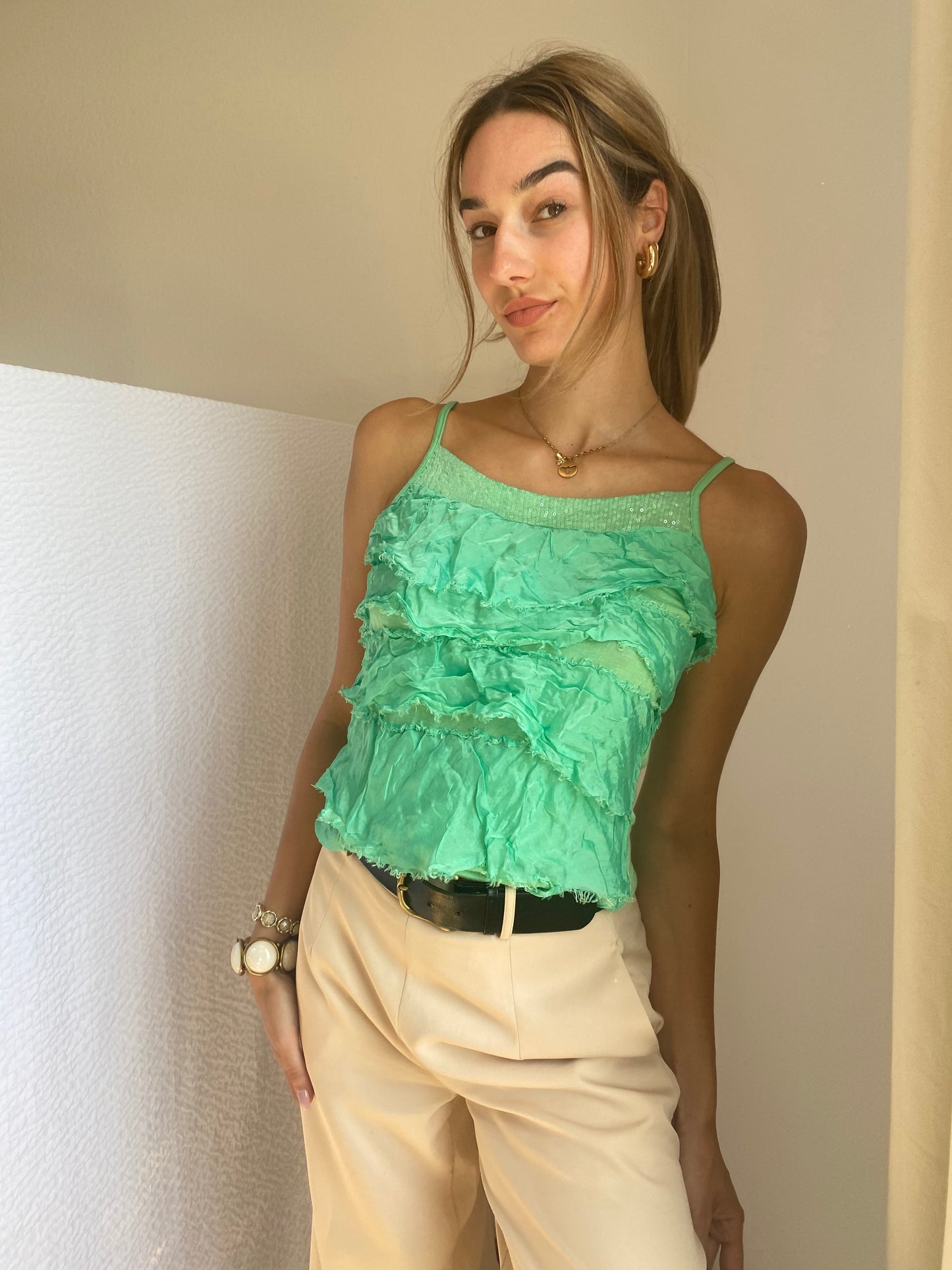 Rüschen Top in türkis-hellgrün, seidig glänzender Stoff, S-M