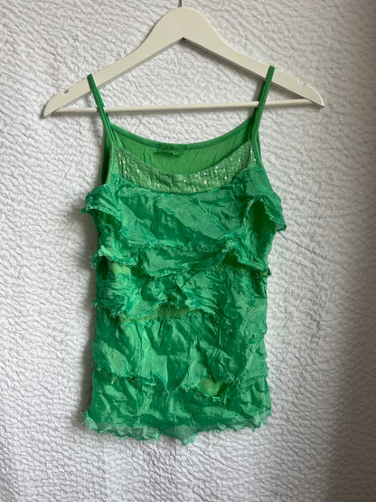 Rüschen Top in türkis-hellgrün, seidig glänzender Stoff, S-M