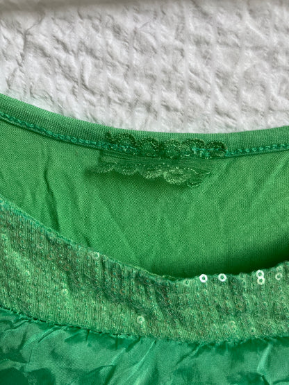 Rüschen Top in türkis-hellgrün, seidig glänzender Stoff, S-M