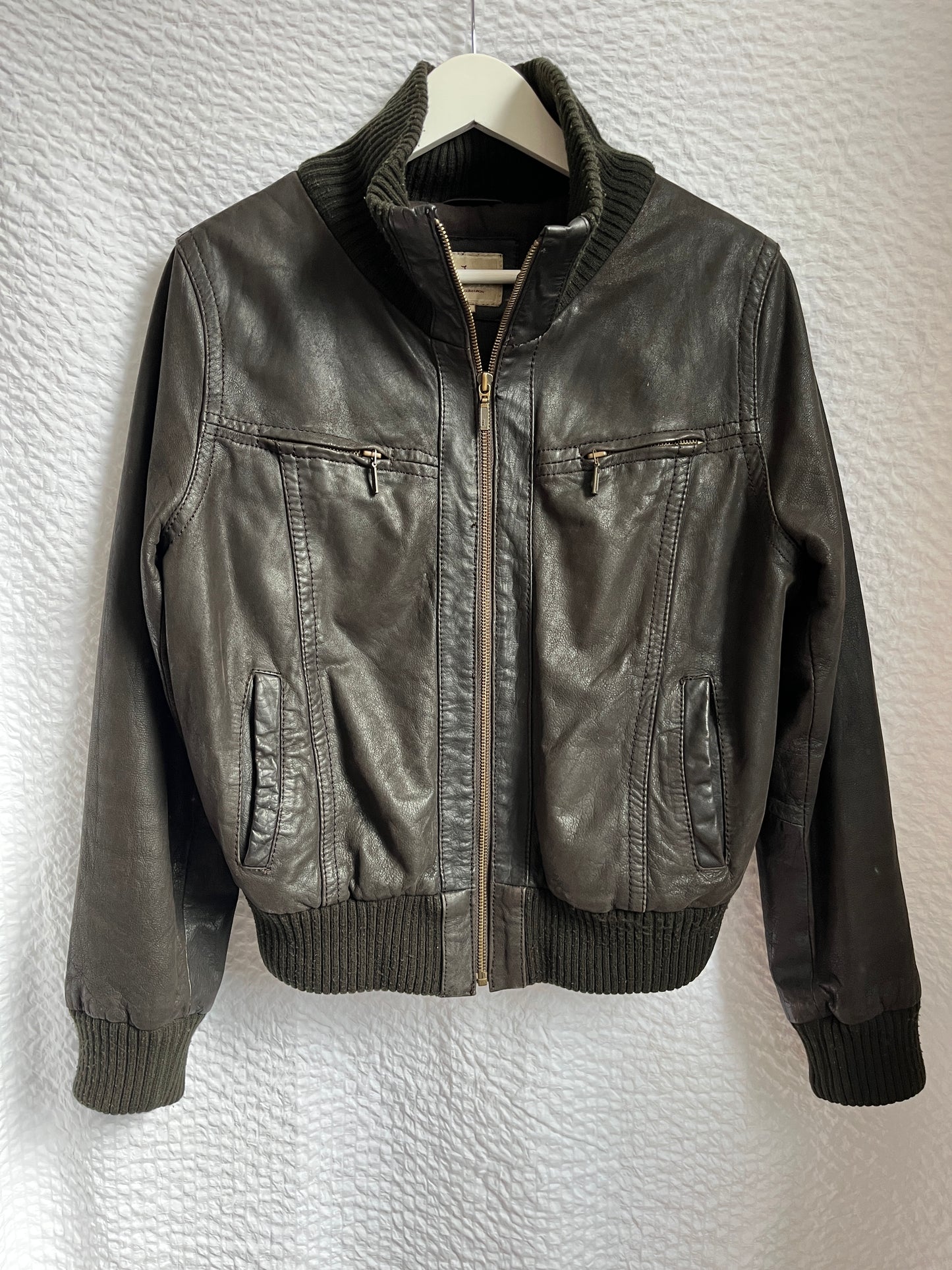 Echtlederjacke Pilotenstil, Lammleder dunkelbraun mit Rippstrick, S-M