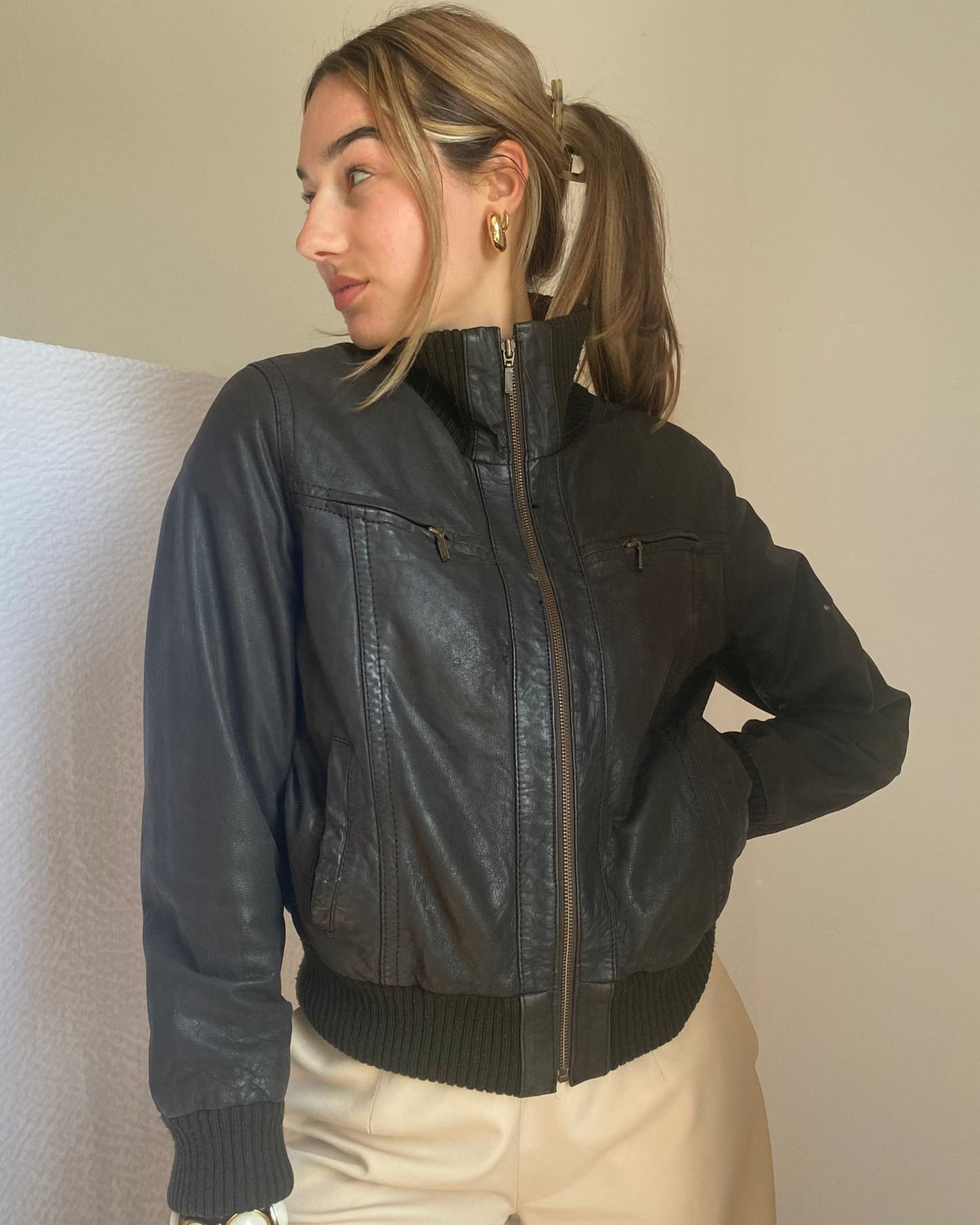 Echtlederjacke Pilotenstil, Lammleder dunkelbraun mit Rippstrick, S-M