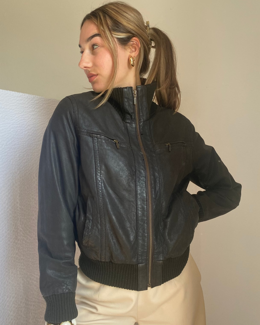 Echtlederjacke Pilotenstil, Lammleder dunkelbraun mit Rippstrick, S-M