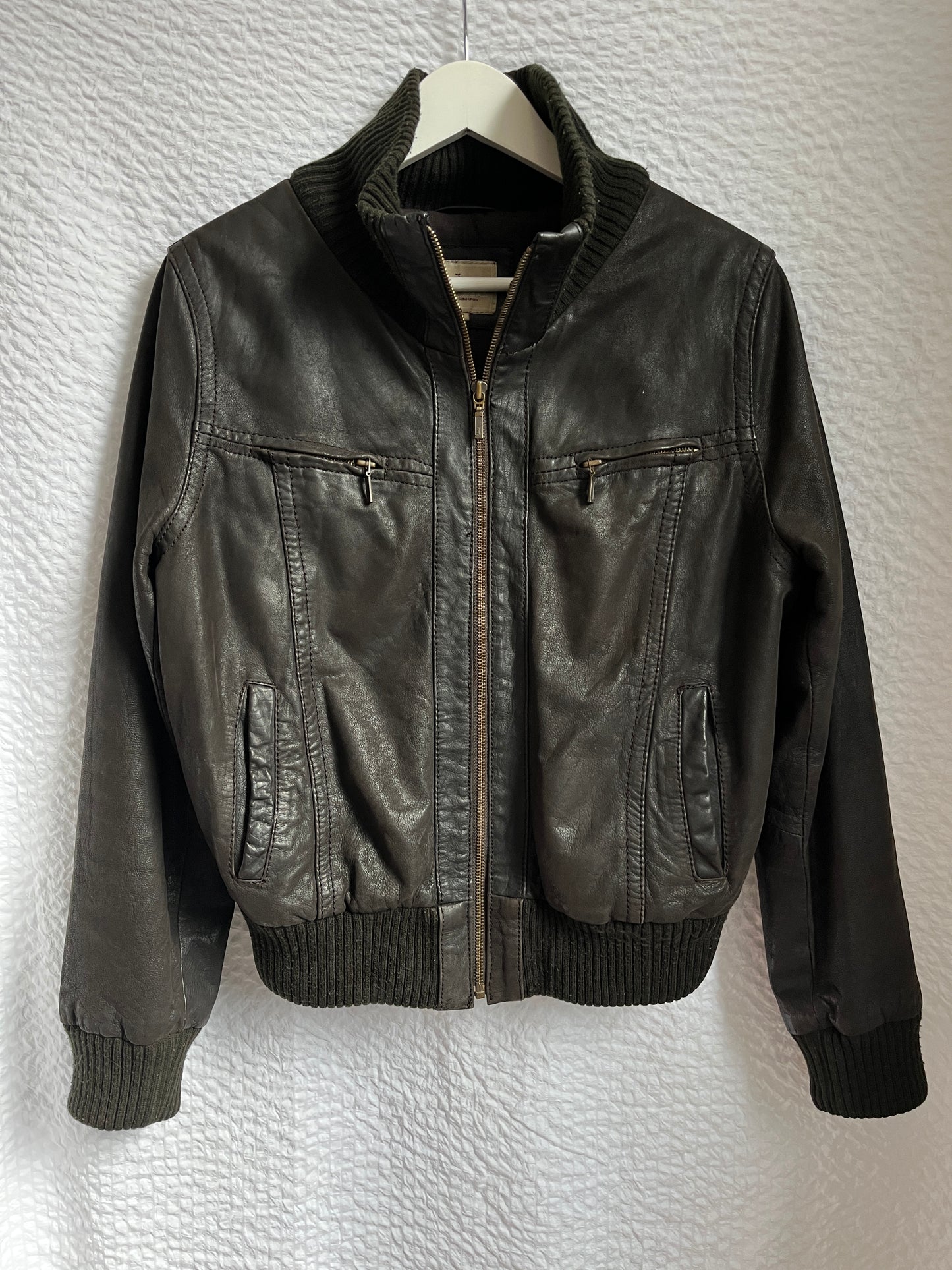 Echtlederjacke Pilotenstil, Lammleder dunkelbraun mit Rippstrick, S-M