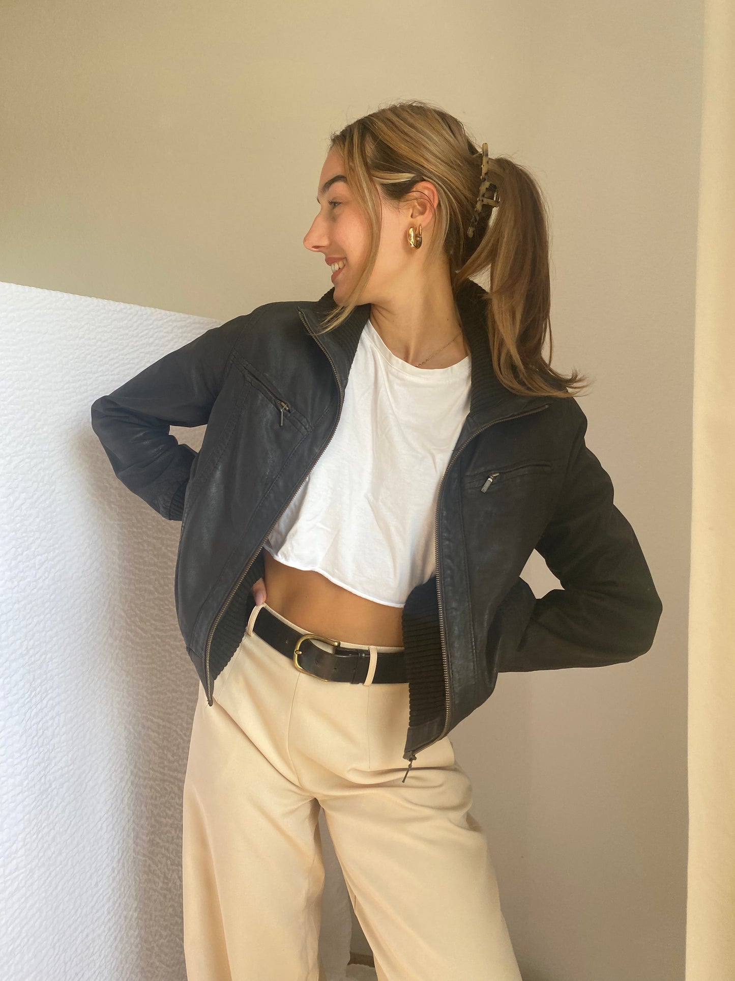 Echtlederjacke Pilotenstil, Lammleder dunkelbraun mit Rippstrick, S-M