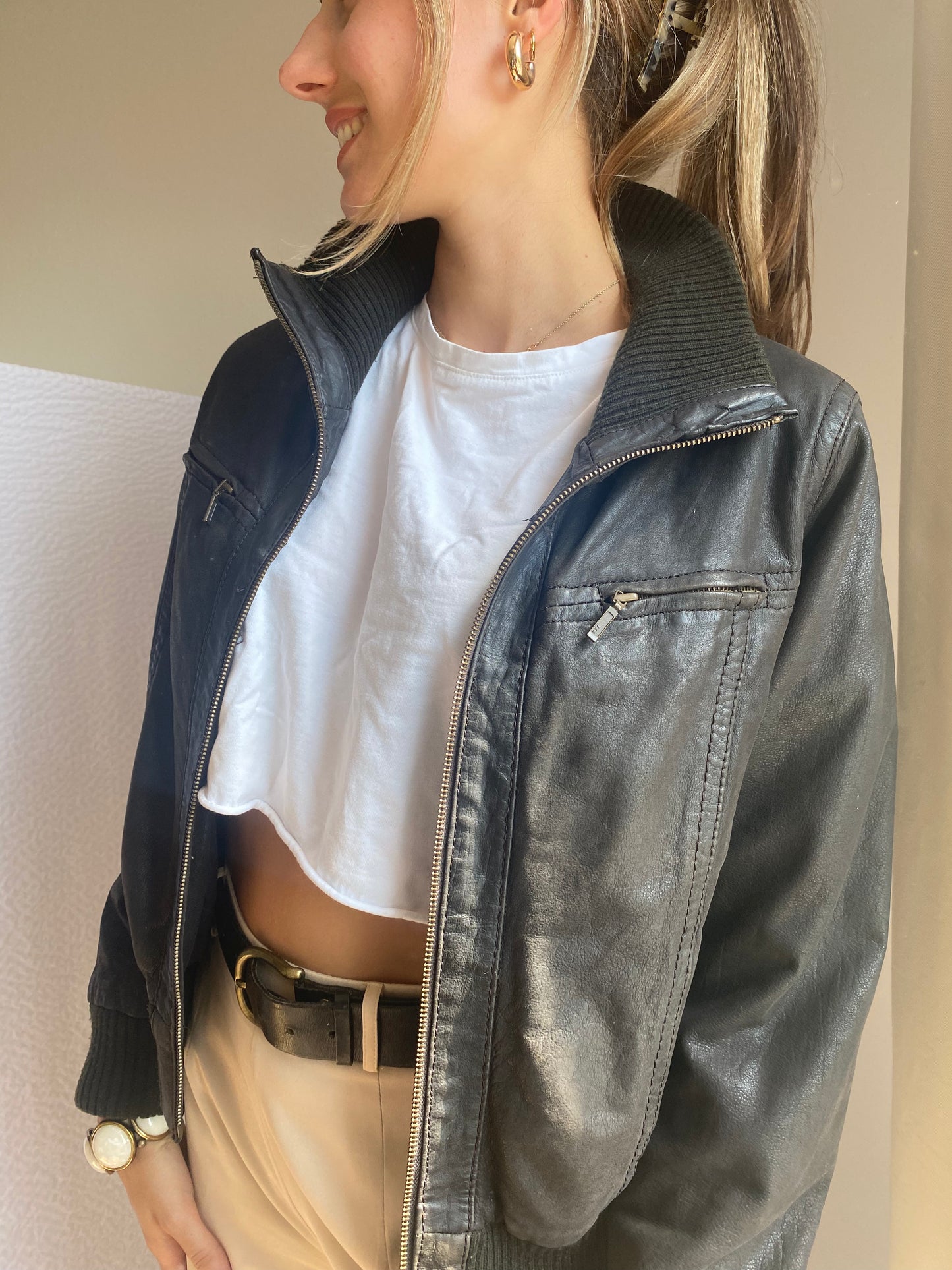 Echtlederjacke Pilotenstil, Lammleder dunkelbraun mit Rippstrick, S-M