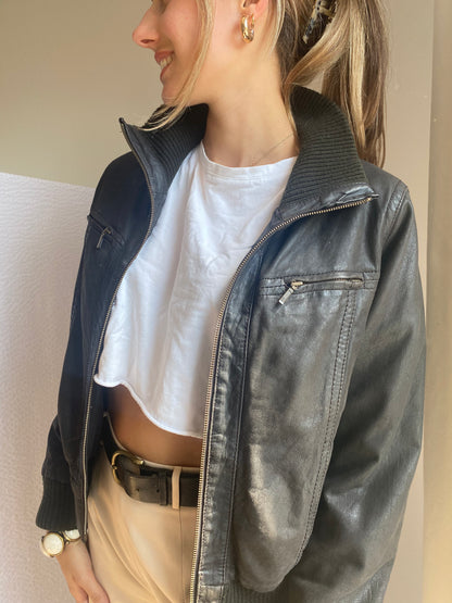 Echtlederjacke Pilotenstil, Lammleder dunkelbraun mit Rippstrick, S-M