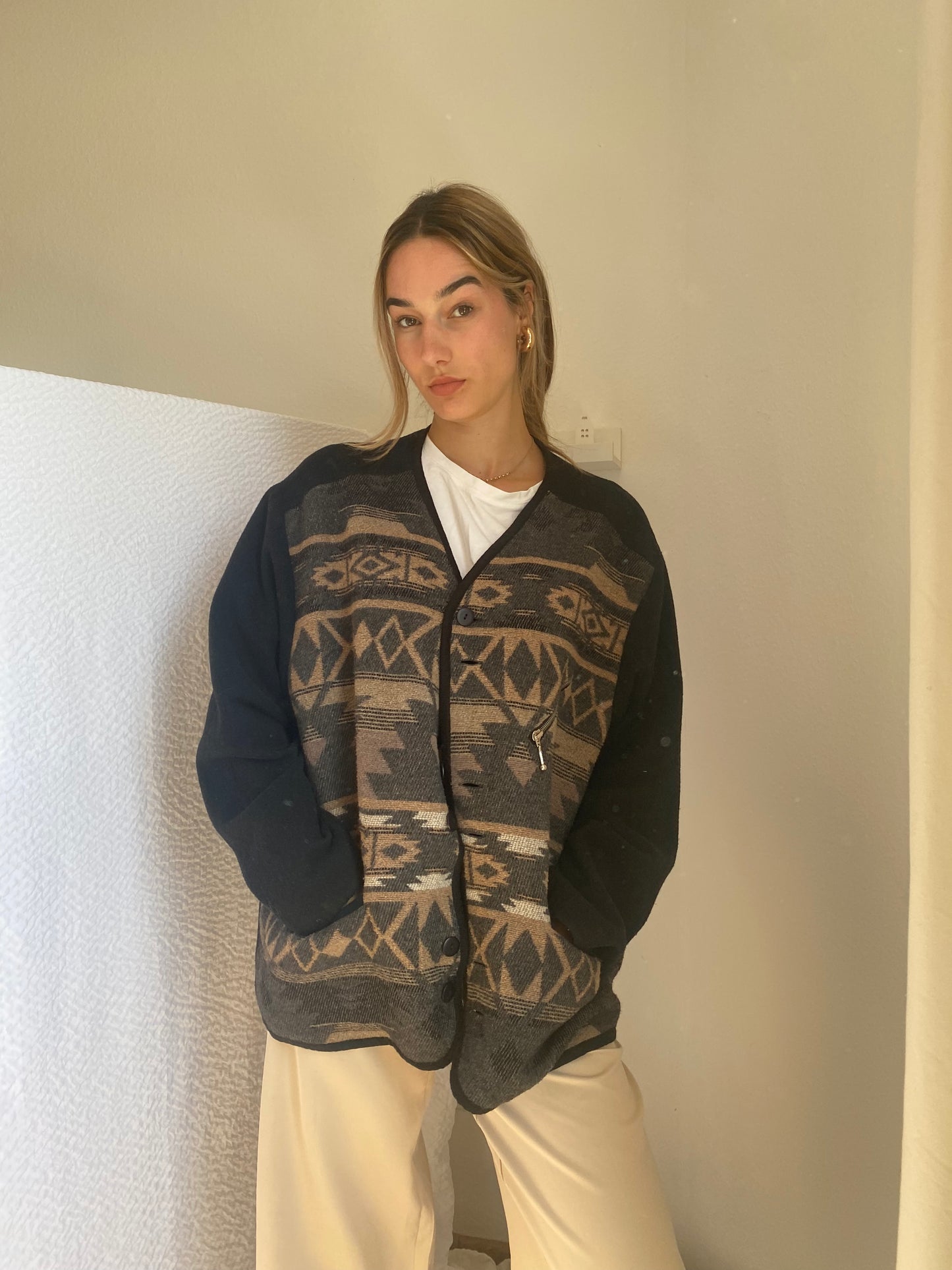 Vintage Ethno Wollmischung Blouson-Jacke in braun-grau, S-L