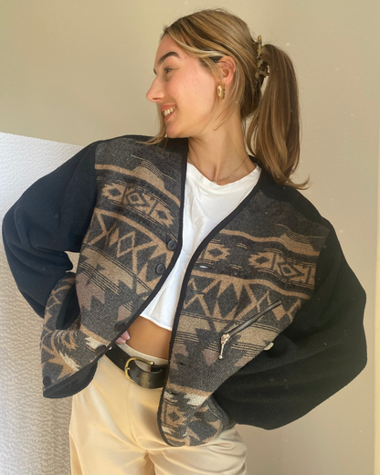 Vintage Ethno Wollmischung Blouson-Jacke in braun-grau, S-L