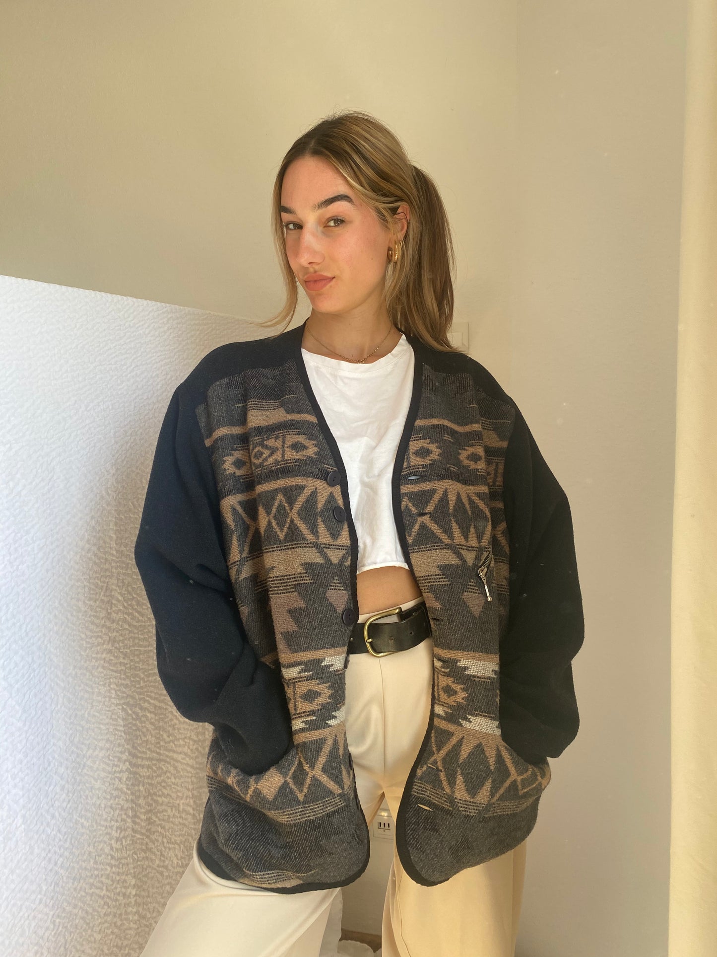 Vintage Ethno Wollmischung Blouson-Jacke in braun-grau, S-L