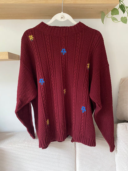 Vintage Zopfstrick Pullover in weinrot mit Stickerei, oversize, S,M,L