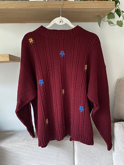 Vintage Zopfstrick Pullover in weinrot mit Stickerei, oversize, S,M,L