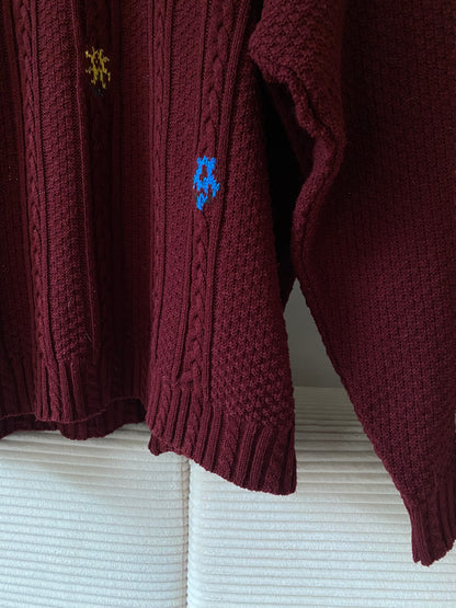 Vintage Zopfstrick Pullover in weinrot mit Stickerei, oversize, S,M,L