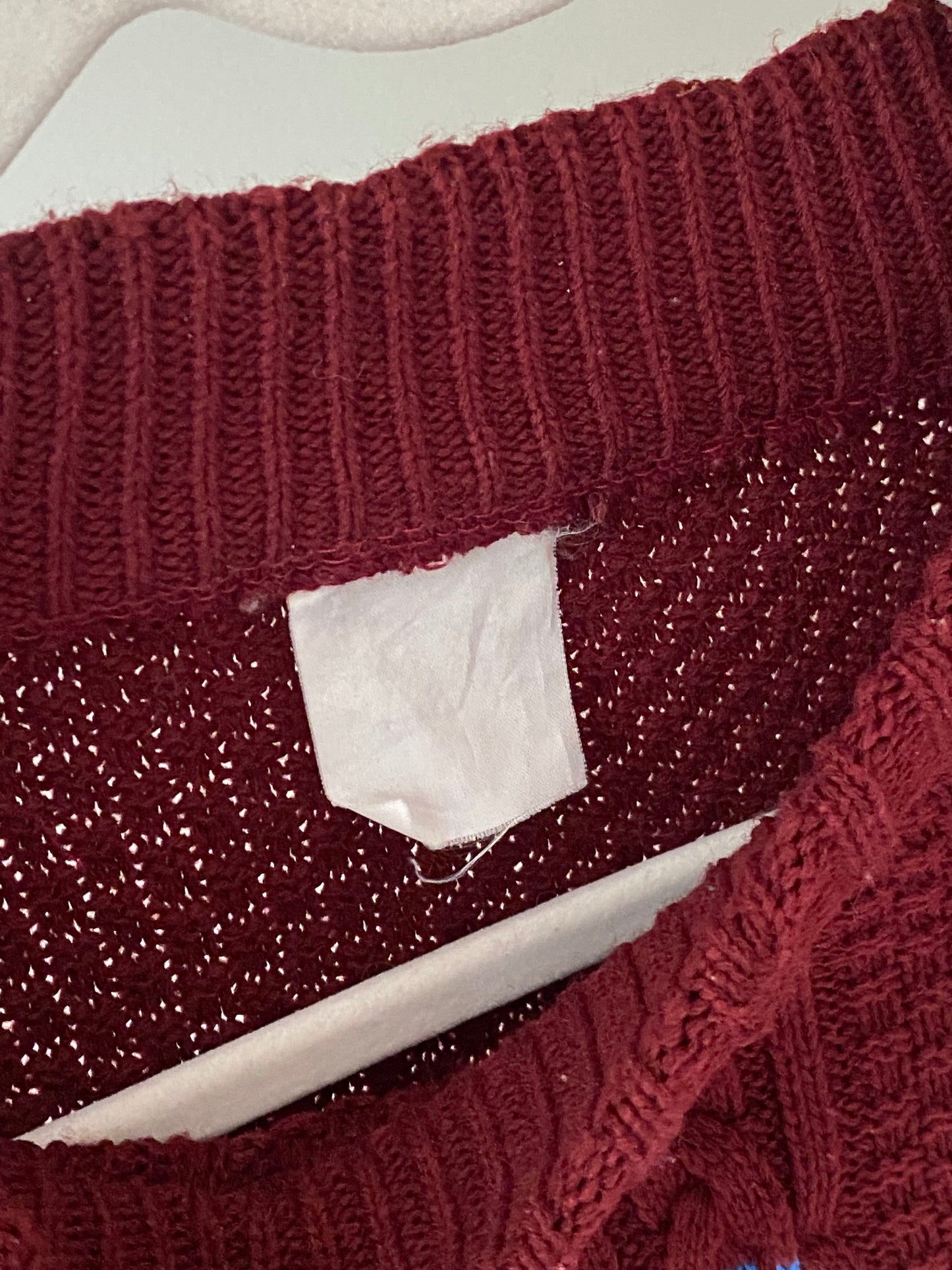 Vintage Zopfstrick Pullover in weinrot mit Stickerei, oversize, S,M,L